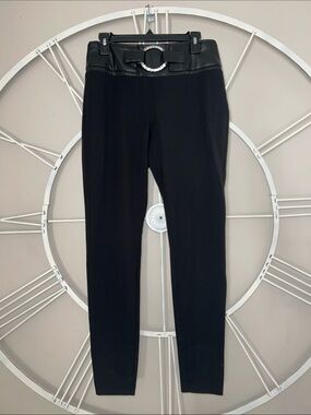 NWT bebe High- Waisted Black Faux Leather Trim Leggings with Rhinestone Buckle